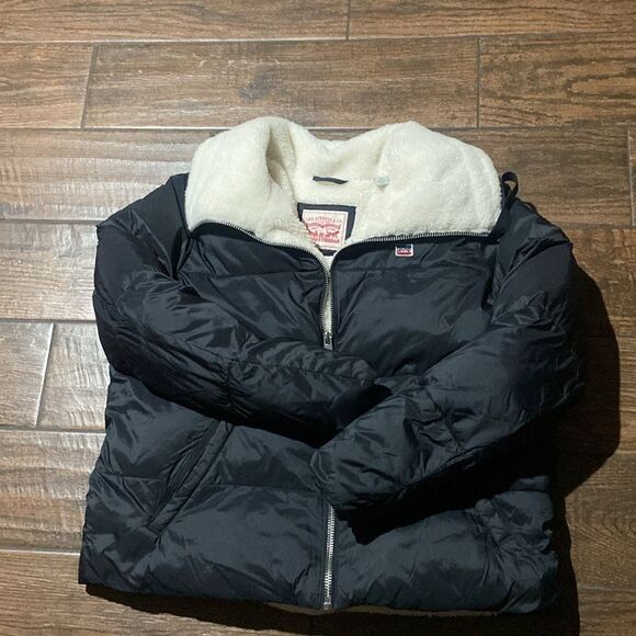 Levis Nylon Puffer Jacket Sherpa Black Zipper Up Women Size XL - Picture 3 of 13